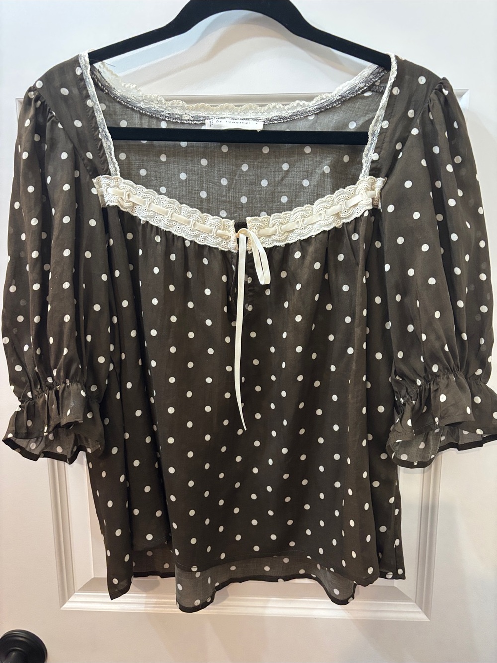 By Together Brown Polka Dot Peasant Blouse with Cream Lace